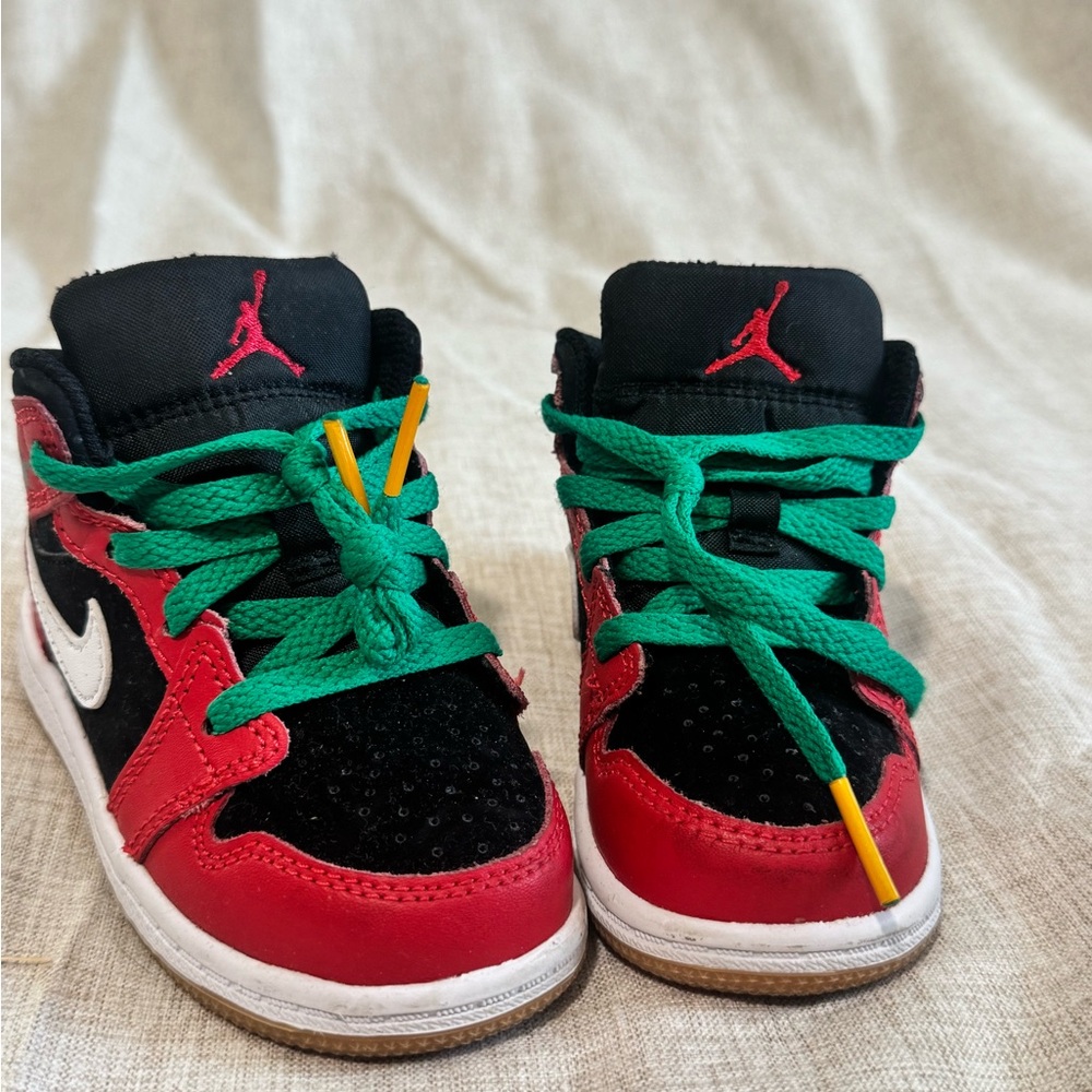 Jordan Mids. Nike Kids' Red & Black Jordan Low-Top Sneakers with Green Laces